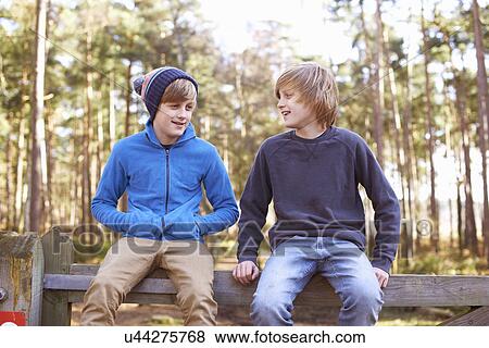 Stock Photo - Twin brothers sitting on gate in forest. Fotosearch