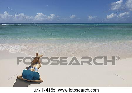 Stock Photography - Young woman relaxing on beach with blue sunhat. Fotosearch