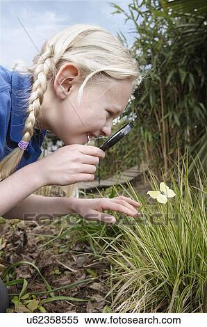 Close up of schoolgirl looking at butterfly in garden View Large Photo Image Stock Photography - Close up of schoolgirl looking at butterfly in garden. Fotosearch