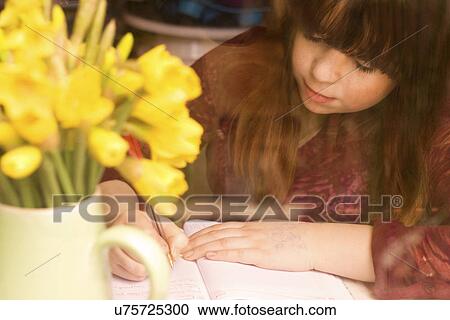 Girl writing by daffodils on desk View Large Photo Image Stock Image - Girl writing by daffodils on desk. Fotosearch