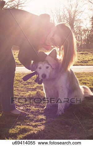 Stock Photography - Mid adult woman petting her Pyrenean mountain dog outdoors. Fotosearch