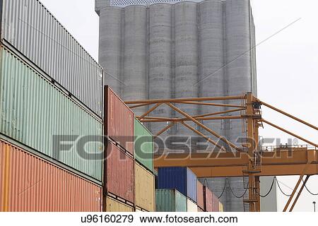 Stack of freight containers in port View Large Photo Image Stock Photo - Stack of freight containers in port. Fotosearch