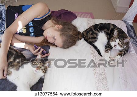Teenage girl lying with cats, using smartphone View Large Photo Image Picture - Teenage girl lying with cats, using smartphone. Fotosearch