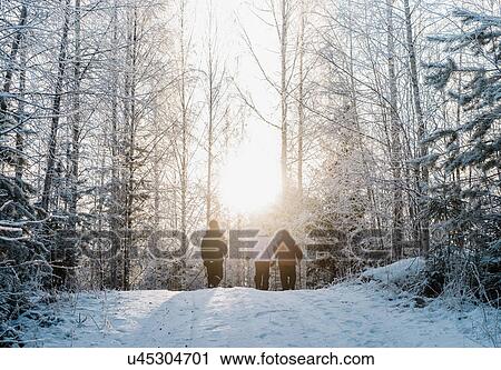 Three people nordic walking in snow covered forest View Large Photo Image Stock Image - Three people nordic walking in snow covered forest. Fotosearch