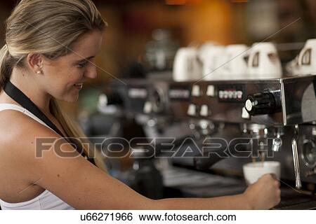 Young female waitress preparing coffee in cafe View Large Photo Image Stock Photograph - Young female waitress preparing coffee in cafe. Fotosearch