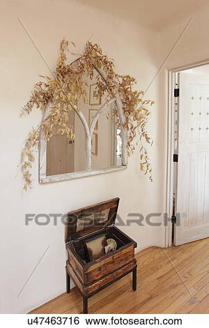 Creepers on mirror above open chest at home; Santa Fe; New Mexico; USA View Large Photo Image Stock Photograph - Creepers on mirror above open chest at home; Santa Fe; New Mexico; USA. Fotosearch