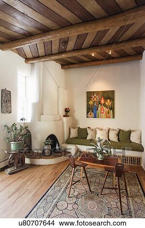 Living Room With Seating Furniture And Wood Paneled Ceiling At Home Santa Fe New Mexico Usa Picture