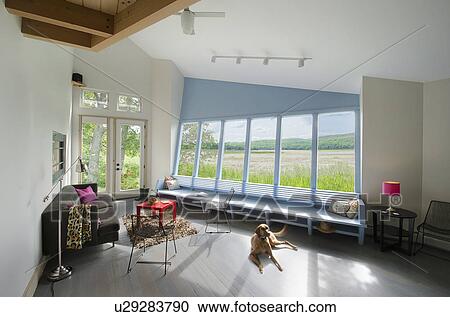 Pet dog relaxing in living room with field view through bay window at Burlington; Vermont; USA View Large Photo Image Stock Image - Pet dog relaxing in living room with field view through bay window at Burlington; Vermont; USA. Fotosearch
