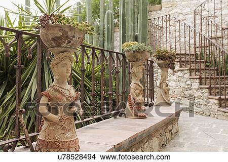 Statued potted plants with stairs in the background; San Miguel de Allende; Mexico View Large Photo Image Picture - Statued potted plants with stairs in the background; San Miguel de Allende; Mexico. Fotosearch