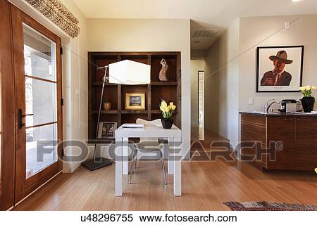 Stock Photography - Study tables with shelf and hallway at home; Santa Fe; New Mexico; USA. Fotosearch