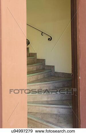 Stock Photo - View of staircase with handrail; San Miguel de Allende; Guanajuato; Mexico. Fotosearch