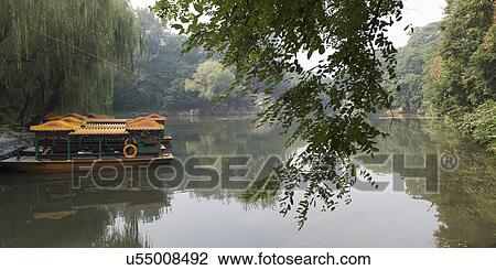 Stock Image - Boats in a lake, Suzhou Street, Summer Palace, Haidian District, Beijing, China. Fotosearch