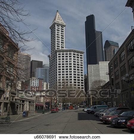 Stock Image - Buildings in a city, Smith Tower, Pioneer Square, Seattle, Washington State, USA. Fotosearch