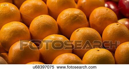 Stock Photography - Close-up of oranges for sale at a market stall, Pike Place Market, Seattle, Washington State, USA. Fotosearch