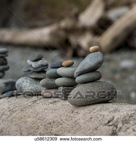 Stock Photo - Close-up of stacks of stones, Deception Pass State Park, Oak Harbor, Washington State, USA. Fotosearch