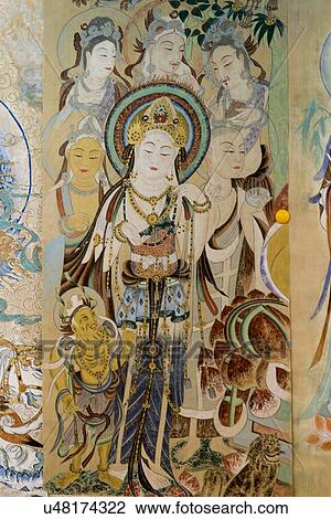 Stock Image - Close-up of wall mural, Dunhuang, Jiuquan, Gansu Province, China. Fotosearch