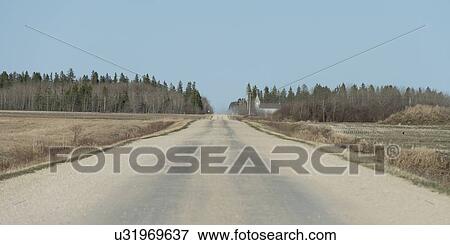 Stock Photo - Dirt road passing through a prairie field, Manitoba, Canada. Fotosearch