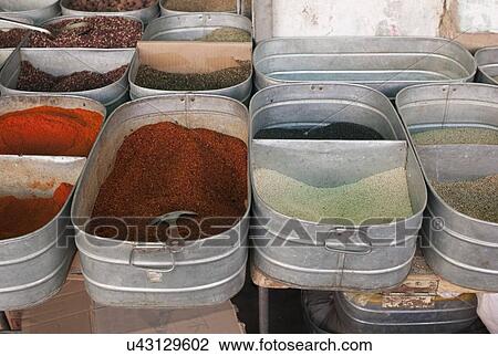 Display of spices for sale at market stall, China View Large Photo Image Stock Image - Display of spices for sale at market stall, China. Fotosearch
