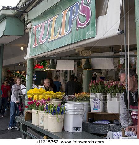 Stock Image - Flowers for sale at Pike Place Market, Seattle, Washington State, USA. Fotosearch