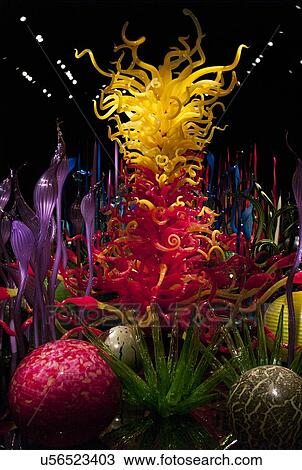 Stock Image - Glass sculpture at the Chihuly Garden and Glass Museum, Seattle Center, Seattle, Washington State, USA. Fotosearch