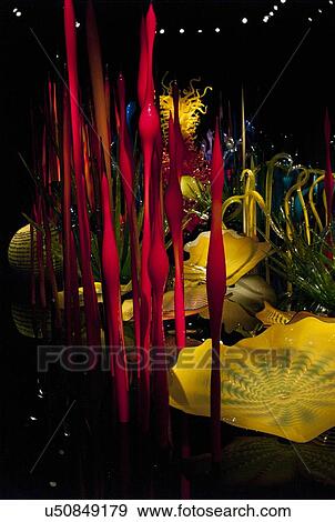Stock Photo - Glass sculpture at the Chihuly Garden and Glass Museum, Seattle Center, Seattle, Washington State, USA. Fotosearch