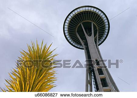 Stock Photo - Glass sculpture at the Chihuly Garden and Glass Museum and Space Needle, Seattle Center, Seattle, Washington State, USA. Fotosearch
