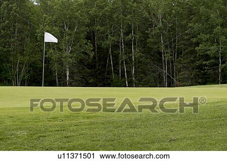 Stock Image - Golf flag in a golf course, Hecla Grindstone Provincial Park, Manitoba, Canada. Fotosearch