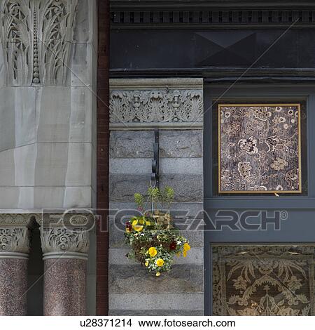 Picture - Hanging flower basket on a wall, Pioneer Square, Seattle, Washington State, USA. Fotosearch