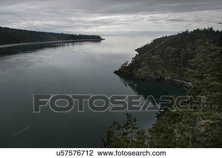 Stock Image - High angle view of a lake, Deception Pass State Park, Oak Harbor, Washington State, USA. Fotosearch