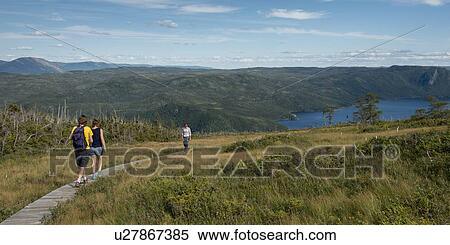 Stock Photography - Hikers at Lookout Trail, Bonne Bay, Lookout Hill, Gros Morne National Park, Newfoundland And Labrador, Canada. Fotosearch