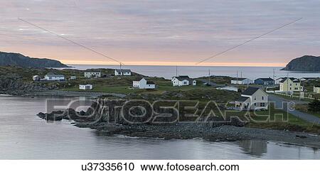 Stock Image - Houses along the coast, Twillingate, South Twillingate Island, Newfoundland And Labrador, Canada. Fotosearch