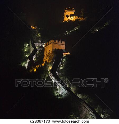Stock Image - Juyongguan pass section of the Great Wall of China at night, Changping District, Beijing, China. Fotosearch