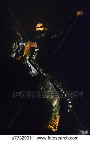 Stock Image - Juyongguan pass section of the Great Wall of China at night, Changping District, Beijing, China. Fotosearch