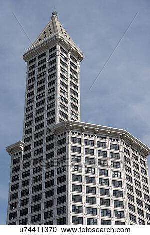 Stock Image - Low angle view of a skyscraper, Smith Tower, Pioneer Square, Seattle, Washington State, USA. Fotosearch