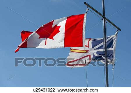 Stock Image - Low angle view of Canadian and Newfoundland flags, Twillingate, South Twillingate Island, Newfoundland And Labrador, Canada. Fotosearch