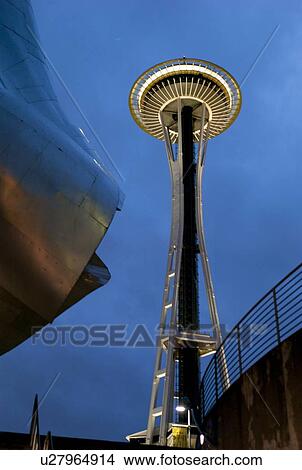 Picture - Low angle view of EMP Museum and Space Needle, Seattle, Washington State, USA. Fotosearch