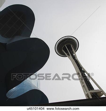 Low angle view of EMP Museum and Space Needle, Seattle, Washington State, USA View Large Photo Image Picture - Low angle view of EMP Museum and Space Needle, Seattle, Washington State, USA. Fotosearch