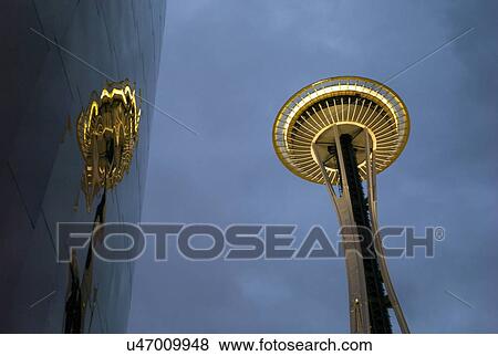Low angle view of EMP Museum and Space Needle, Seattle, Washington State, USA View Large Photo Image Stock Photo - Low angle view of EMP Museum and Space Needle, Seattle, Washington State, USA. Fotosearch