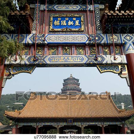 Low angle view of entrance of a palace, Hall of Dispelling Clouds, Tower of Buddhist Incense, Longevity Hill, Summer Palace, Haidian District, Beijing, China View Large Photo Image Stock Photo - Low angle view of entrance of a palace, Hall of Dispelling Clouds, Tower of Buddhist Incense, Longevity Hill, Summer Palace, Haidian District, Beijing, China. Fotosearch