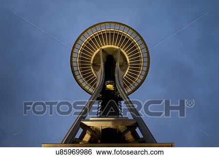Stock Photograph - Low angle view of Space Needle, Seattle Center, Seattle, Washington State, USA. Fotosearch