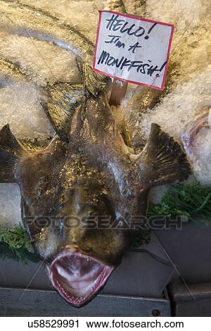 Stock Image - Monkfish on ice for sale at Pike Place Market, Seattle, Washington State, USA. Fotosearch
