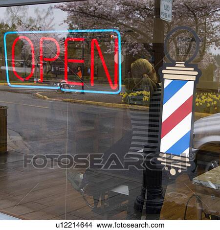Picture - Open sign at Barbar Shop, Snoqualmie, Washington State, USA. Fotosearch
