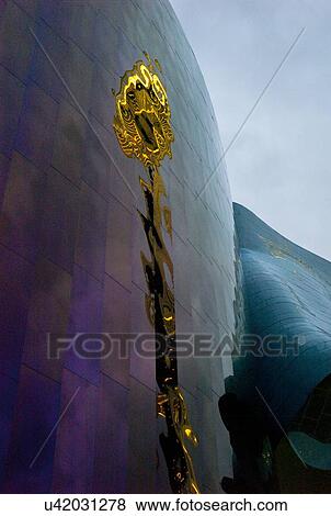 Stock Photo - Reflection of Space Needle tower on a building, Experience Music Project, Seattle, Washington State, USA. Fotosearch