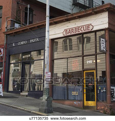 Stock Photography - Restaurants on a street, Pioneer Square, Seattle, Washington State, USA. Fotosearch