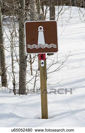 Stock Image - Sign board of a lighthouse, Riverton, Hecla Grindstone Provincial Park, Manitoba, Canada. Fotosearch