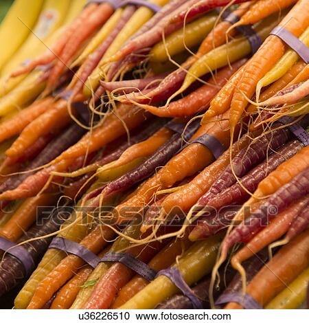 Stock Image - Stack of carrots for sale at a market stall, Pike Place Market, Seattle, Washington State, USA. Fotosearch