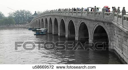Stock Image - Tourists on Seventeen Arch Bridge, Kunming Lake, Summer Palace, Haidian District, Beijing, China. Fotosearch