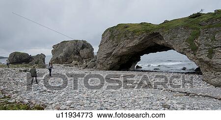 Stock Image - Tourists on the beach, Portland Creek, Gros Morne National Park, Newfoundland And Labrador, Canada. Fotosearch