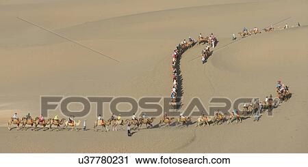 Stock Image - Tourists riding camels at Mingsha Shan, Dunhuang, Jiuquan, Gansu Province, China. Fotosearch