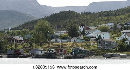 Stock Image - Town along the coast, Bonne Bay, Gros Morne National Park, Newfoundland And Labrador, Canada. Fotosearch